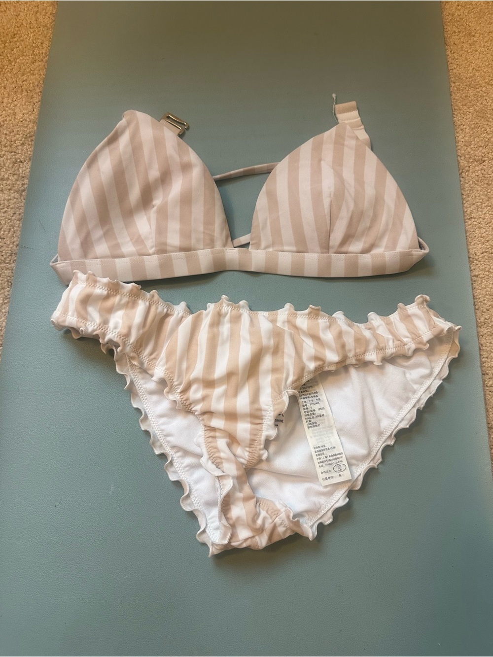 Striped Beige & White Bikini Set - Ruffled Bottoms